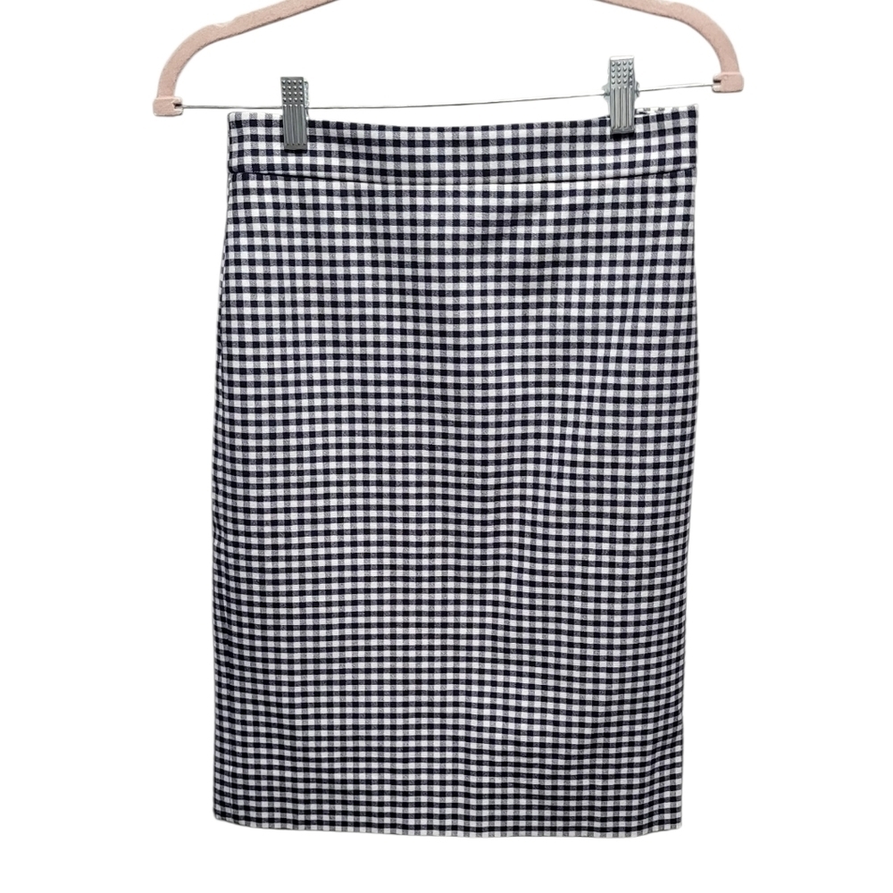 J.Crew Micro Gingham Pencil Skirt Size 00 Blue White Check Lined Pre-Owned